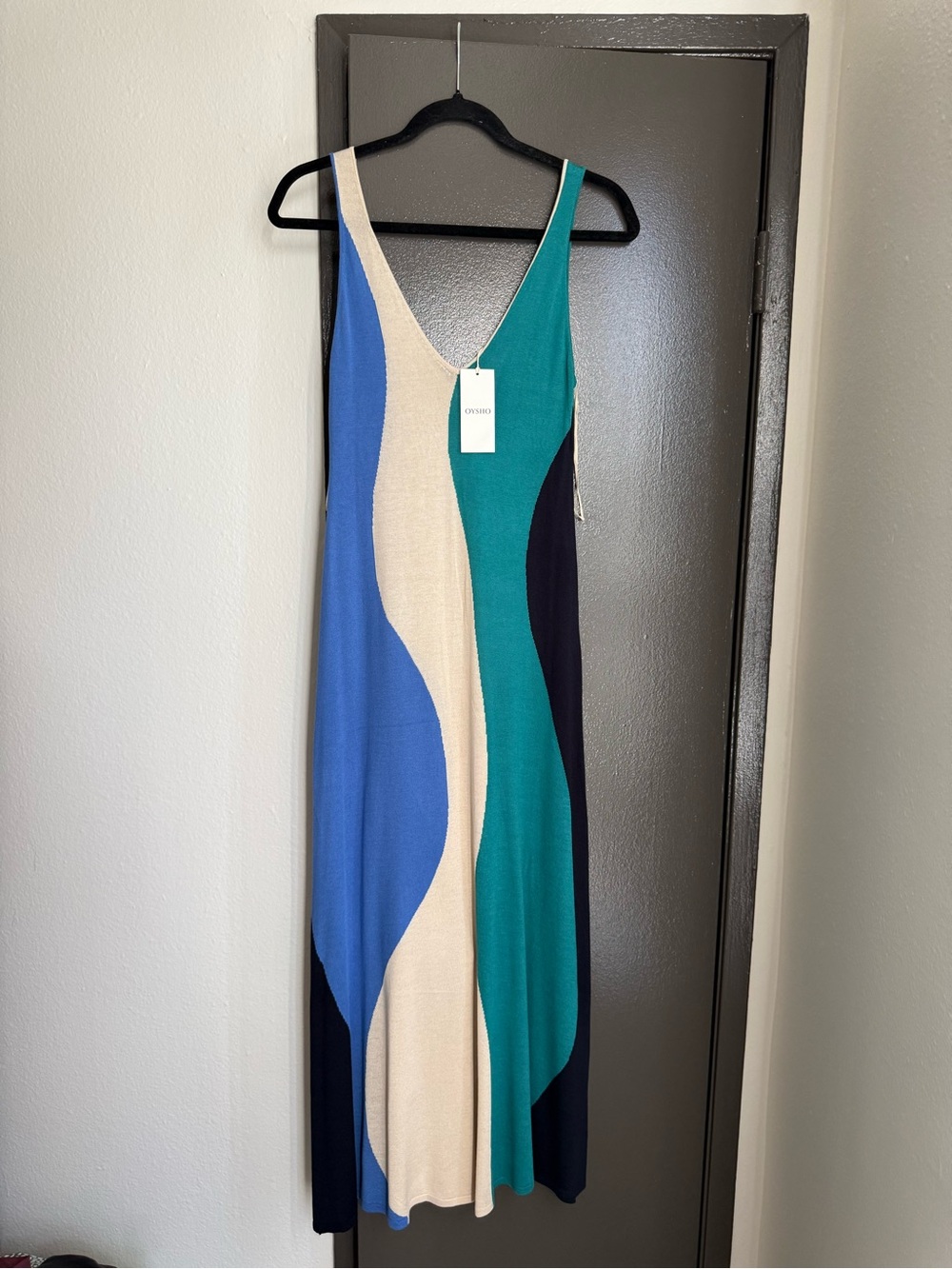Stylish Colorblock V-Neck Maxi Dress - Turquoise Blue/Teal/Cream
